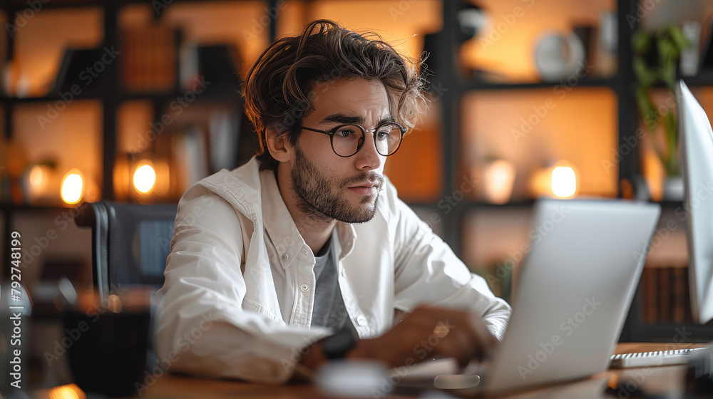 Obraz premium A young professional in business casual attire sitting at a desk at home performing a on online search while appearing to be interested in the results. Generative AI.