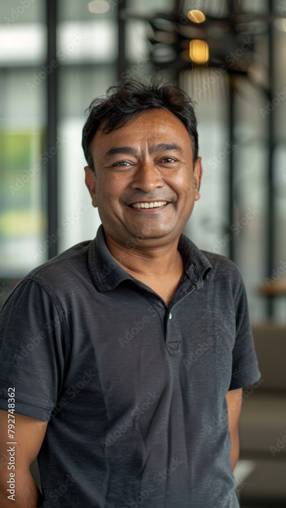 portrait of a smiling South-Asian engineer in a corporate polo shirt in their 40s pictured in a modern light-filled office space with window on the background. Portrait lighting. portrait of a smiling South-Asian engineer in a corporate polo shirt in their 40s pictured in a modern light-filled office space with window on the background. Portrait lighting.