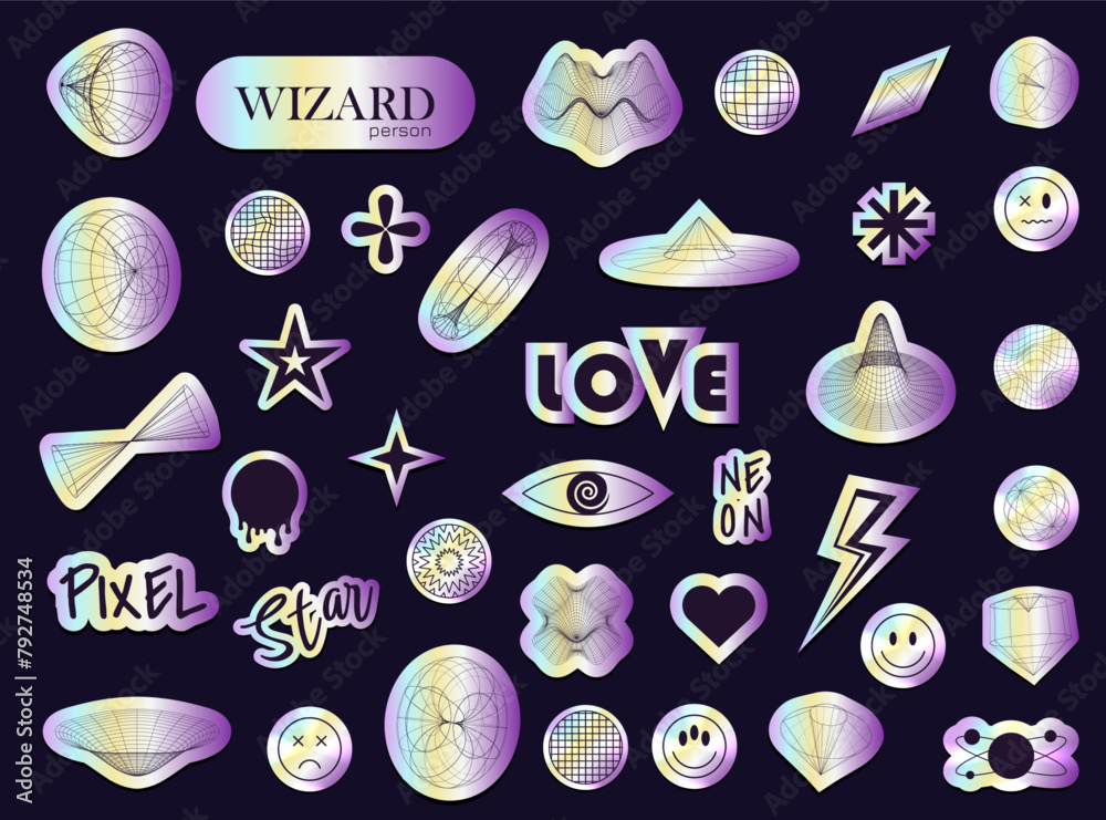 Holographic stickers. Y2k metallic gradient sticker. Shine metal badges ...