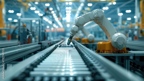 Robot working on conveyor at industrial factory, Manufacturing industry. Generative AI.