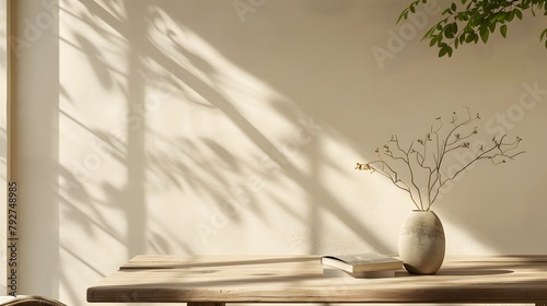 Modern wooden dining table with twig in vase, book, chair in sunlight from window on beige cream wall room for minimal interior design decoration, luxury product display background 3D
