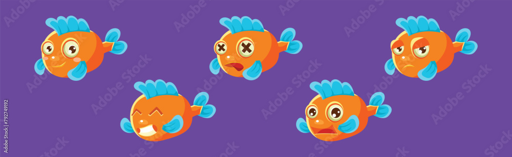 Fototapeta premium Funny Fish with Emotion and Face Expression Vector Set