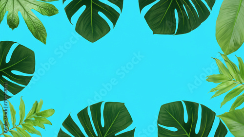 Tropical Plant Leaves On Blue Background With Copy Space Monstera Palm