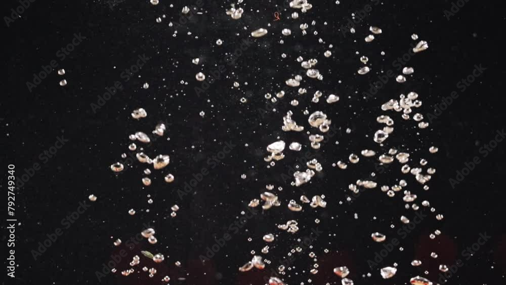 Closeup of red tomatoes falling into water with bubbles in isolated on black background, empty space for advertisement Closeup of red tomatoes falling into water with bubbles in isolated on black background, empty space for advertisement