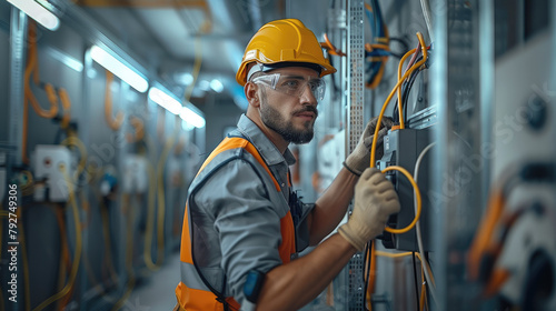 A professional electrician performing electrical installations. fully equipped with a tool belt and safety helmet, actively engaged in wiring a modern office space. Generative AI.