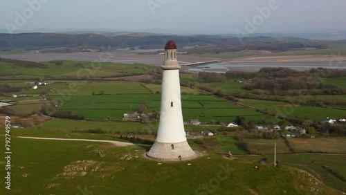 Aerial circling shot around the Sir John Barrow Monument, showcasing its isolated location atop a hill with panoramic views photo