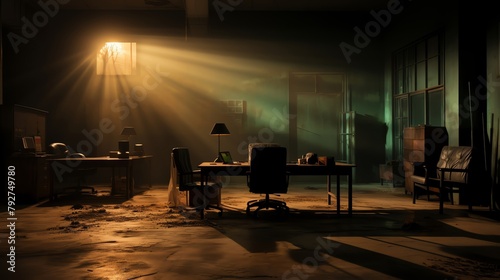 A dark and dusty office with a single ray of light shining through the window. photo