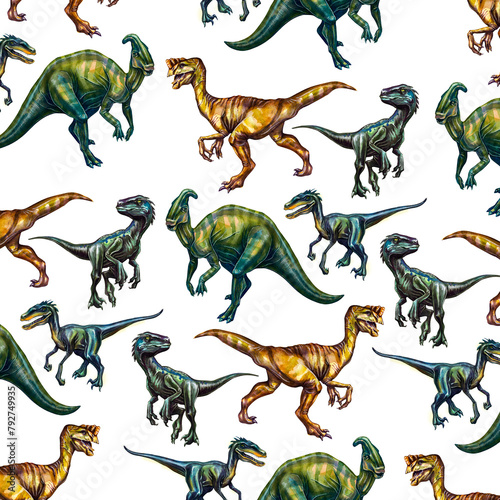 Seamless pattern with different colored dinosaurs. Watercolor drawing on a white background. 