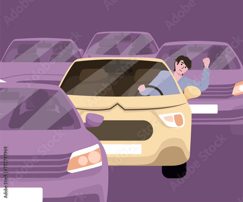 City traffic jam and sleepy driver. Driving car slow moving in urban auto flow. Vector illustration EPS10