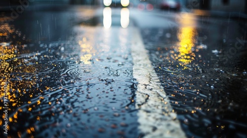 Car glides over wet asphalt, reflecting city lights on the road photo