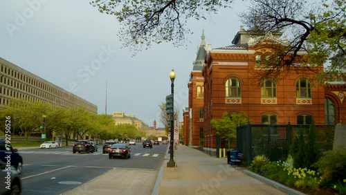 The shot pans left from the Smithsonian Castle to the Department of Energy across Independence Avenue in Washington DC photo