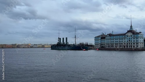 St. PETERSBURG, RUSSIA - April 20, 2024: The Aurora Cruiser Museum on the Neva River on a 20th-century warship. View of the cruiser Aurora, a historical warship, now a war memorial museum. 4К photo