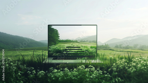 straight-on view of a floating transparent browser frame/laptop with a staircase emerging from the laptop screen, merging green farm photo