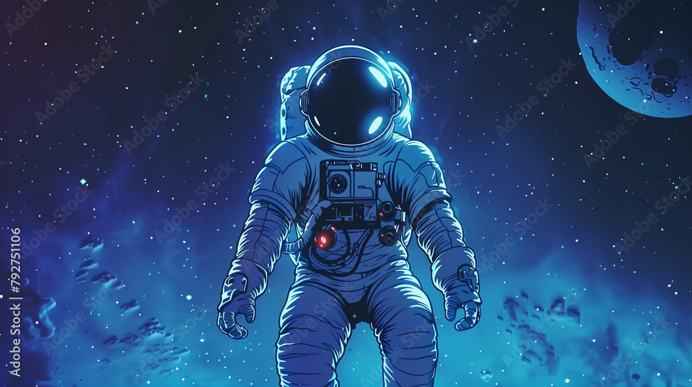 An astronaut standing amidst a starry nebula with a looming moon in the distance. Copy space.