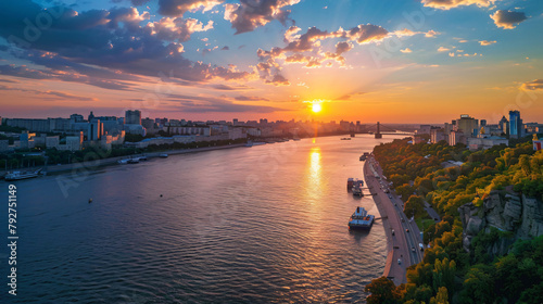 Sunset over the Dnieper River in Kiev Rusanovskaya  photo