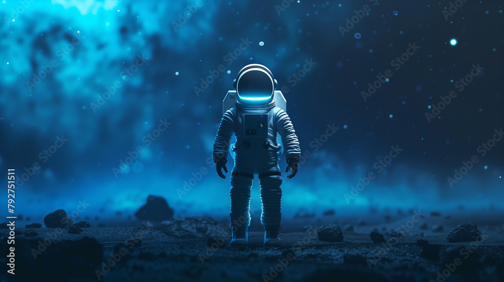 A lone astronaut in a space suit standing on a rocky surface, exploring the vast unknown. Copy space.