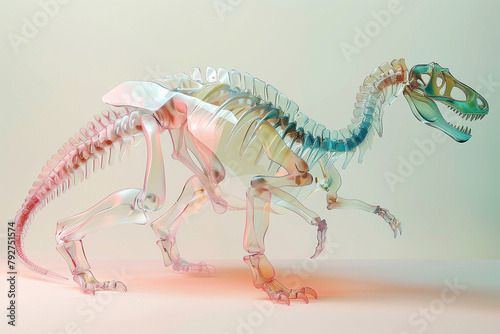 Vibrant, translucent T-Rex skeleton in dynamic pose
