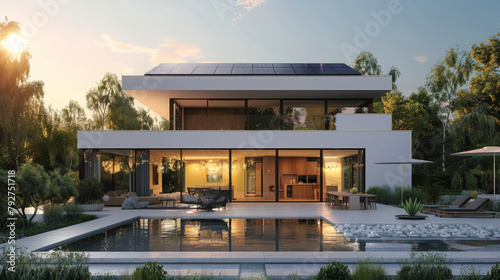 Aesthetically pleasing eco-friendly home with solar cell roof and minimalist white design. © ChubbyCat