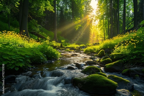  Stream in Lush Green Forest with Ferns