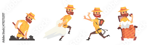 Bearded Man Archaeologist Scientist Character in Different Situation Vector Set