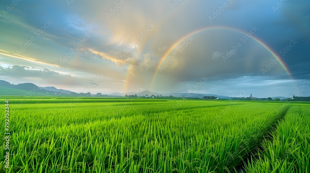 Naklejka premium Terraces and fields under the rainbow, the season of sowing and germination