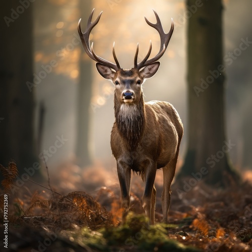 A large deer with antlers stands in a forest clearing. © Jeannaa