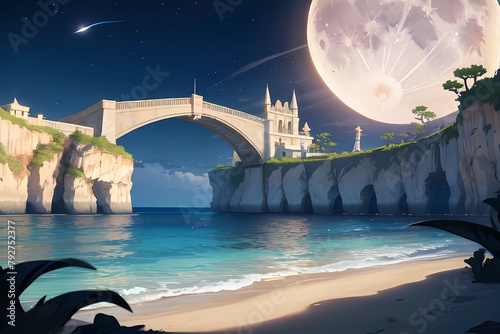 美しい透明度の高いアクアブルーの海と橋のある異世界海岸ゲーム背景風壁紙