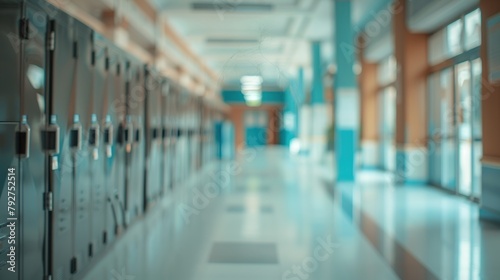 Empty School hallway with lockers.