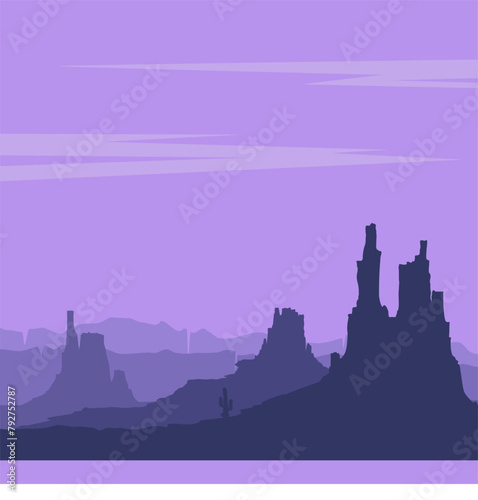 Set of desert landscapes with cacti, succulents, rocks, blue mountains and violet sky. Vector illustration for travel banner. © Makhnach