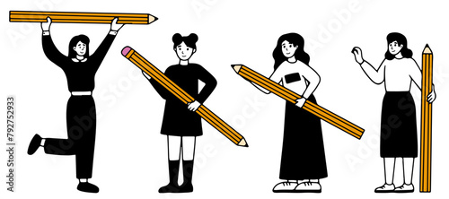 Various people with a large pencil. Funny young students holding writing or painting of giant pencils, person education concept guy and girl characters