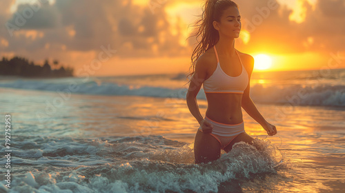 3. Beach Workout: Against the backdrop of a golden sunrise, a beautiful girl in vibrant sportswear performs lunges and squats on a sandy beach, her muscles flexing with each moveme