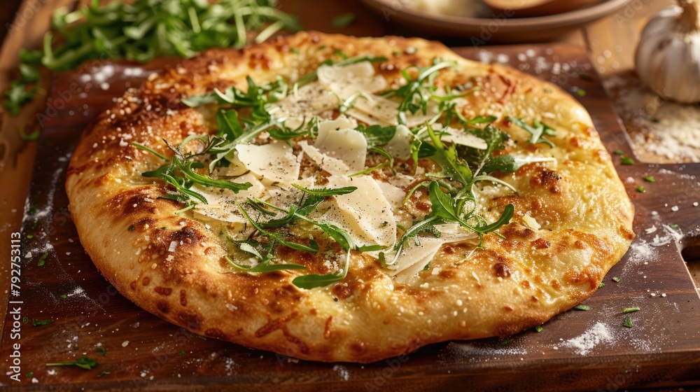 Close up of freshly baked Italian focaccia with ruccola and parmesan cheese Close up of freshly baked Italian focaccia with ruccola and parmesan cheese