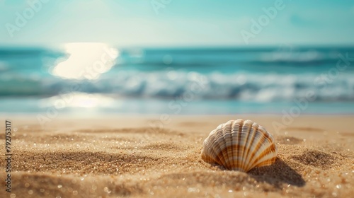 A shell on the sandy beach with a blurred background of blue sea and sky, providing space for text. The concept of a summer vacation.