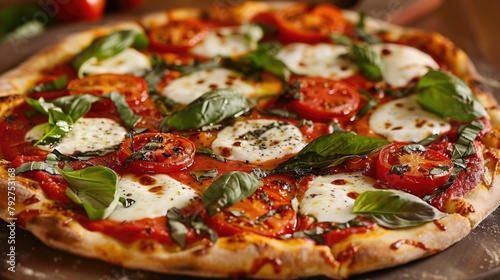 Margherita fresh Italian traditional pizza garnished with fresh basil and tomato