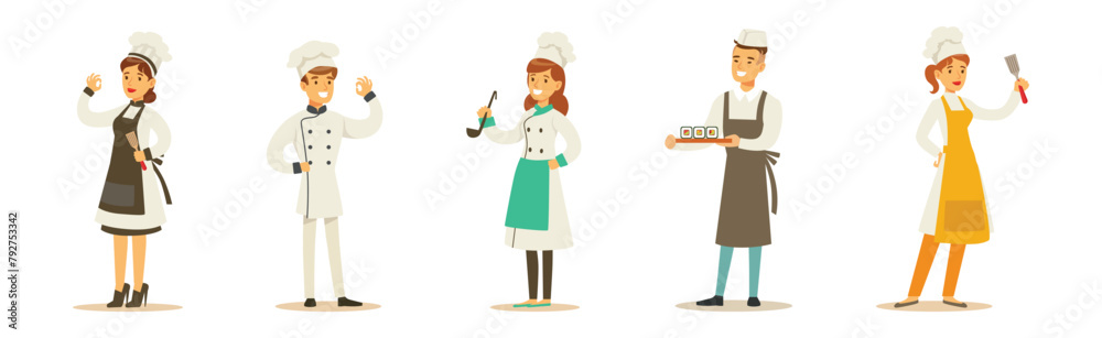 Professional Chef Man and Woman Character Stand in Uniform Vector Set