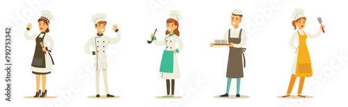 Professional Chef Man and Woman Character Stand in Uniform Vector Set