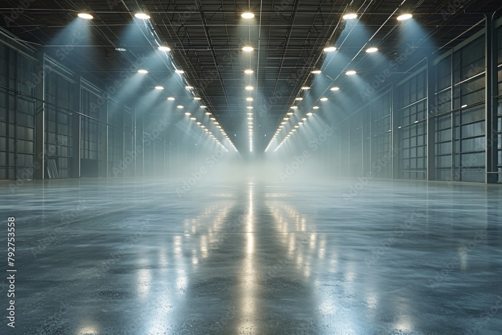 A spacious and vacant industrial warehouse illuminated by a series of bright ceiling lights casting reflections on the smooth floor