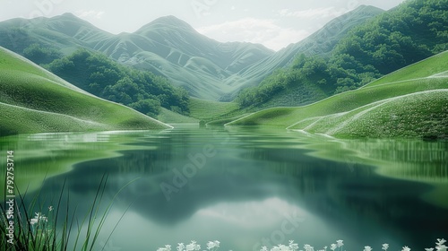 A green lake with hills surrounding it, in the style of futuristic chromatic waves. Generative AI. photo