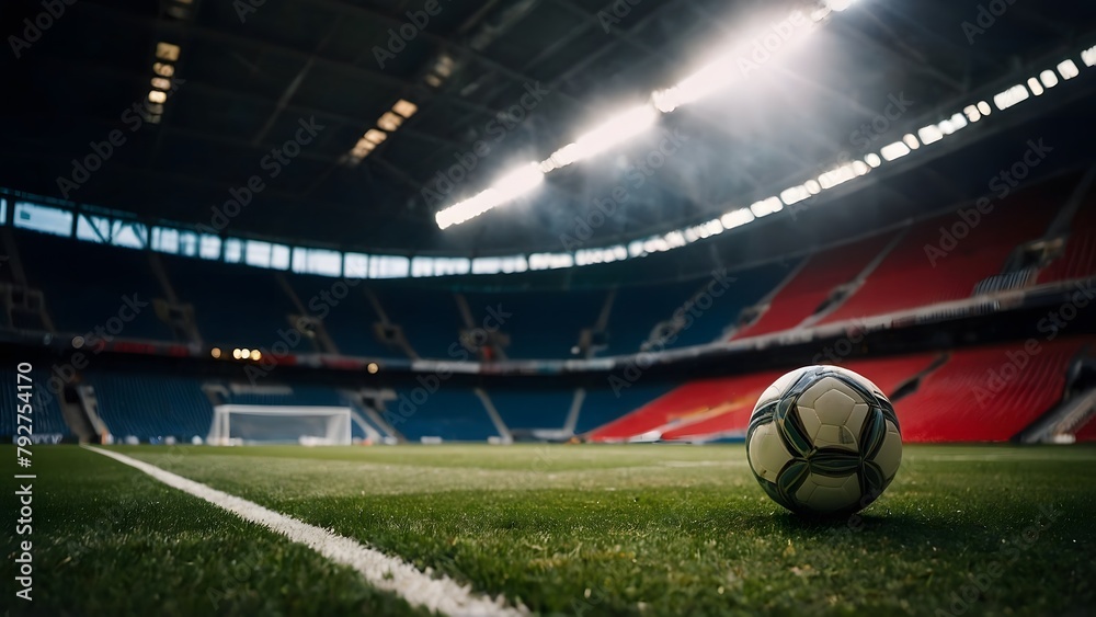 Obraz premium Portrait of a soccer ball in a empty stadium field in front of a goal post in the night time