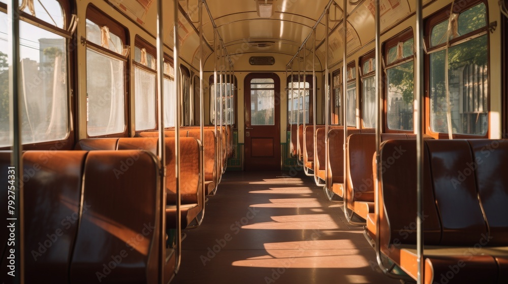 An empty vintage public transportation vehicle with brown seats and large windows