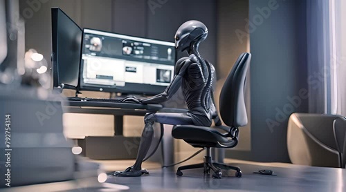 Gray Alien sitting in front of a computer desk photo