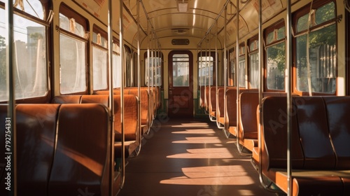 An empty vintage public transportation vehicle with brown seats and large windows