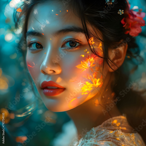 A thai woman with orange flowers in her hair and orange leaves on her face stares into the distance. AI Generative