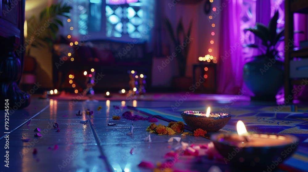 colorful diwali deepavali festive home decoration with a combination of traditional lights bright colorful diwali deepavali decorate the room