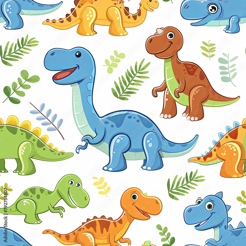 Fototapeta premium A seamless pattern of cute cartoon dinosaurs on a white background.
