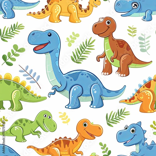 A seamless pattern of cute cartoon dinosaurs on a white background.