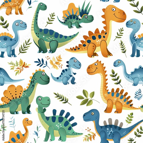 A seamless pattern of cute cartoon dinosaurs and leaves on a white background.