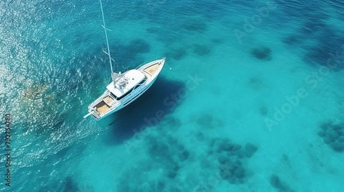 Aerial view of beautiful blue tropical ocean water with boat or scuba diving liveaboard.