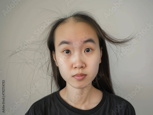 Young woman with hair loss problem. Bald head of a woman. Hair loss in the form of alopecia areata. photo