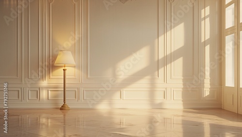 A classic interior is captured in this image featuring a single lamp casting a warm glow and shadows in the room